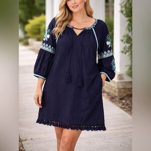 Navy Embroidered Peasant Dress with Teal Accents